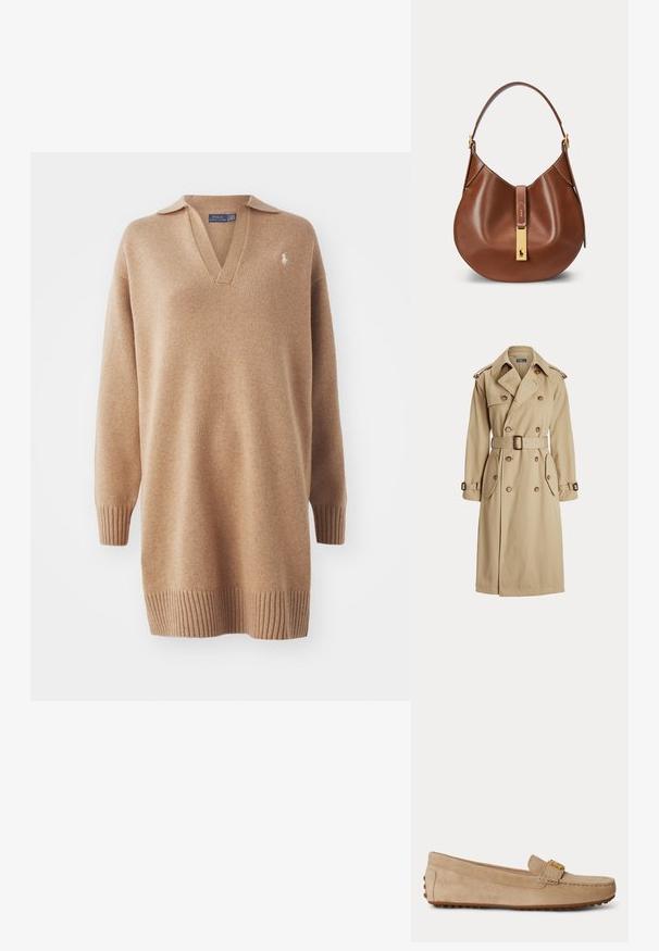 Beige trenchcoat med dobbeltbrystet front, store knapper, bælte i taljen, to sidelommer og skulderepauleter. Glat stofstruktur.; Beige striktrøje med V-hals og polo-krave. Har ribbede manchetter og kant. Broderet logo på venstre bryst. Blød tekstur.; Beige ruskind slip-on loafer med syninger, en guldfarvet metalspænde på toppen og en gummisål med grebstifter.; Brun læderhåndtaske med buet form, enkelt rem og gyldent rektangulært spændelås med en lille hestelogo foran.