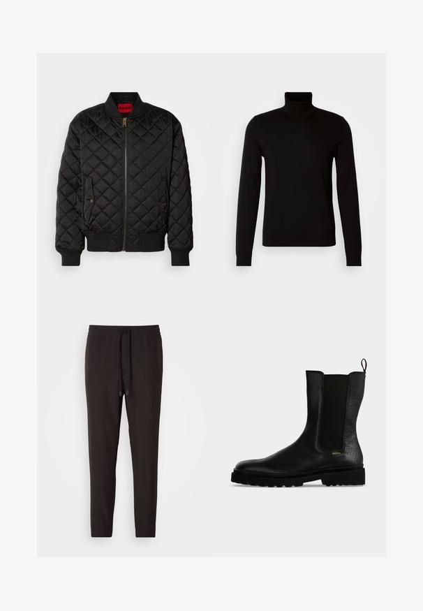 Sort quiltet bomberjakke med ribbet krave, manchetter og kant, lynlås foran og to klaplommer med trykknapper.; Sort turtleneck sweater lavet af et fint strikket stof, der har lange ærmer og en tætsiddende silhuet. Glat tekstur med ribbede manchetter.; Sorte joggingbukser lavet af blødt stof, med en elastisk bæltelås og snor, tætsiddende ben og uden synlige mønstre eller udsmykninger.; Sort læderankelstøvle med elastisk sidepanel, chunky sål og trækflig bagpå, med et lille guld "Hugo" logo nær hælen.