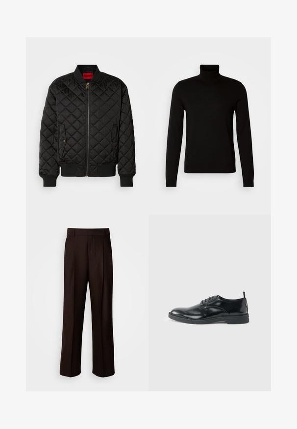 Sort quiltet bomberjakke med ribbet krave, manchetter og kant, lynlås foran og to klaplommer med trykknapper.; Sort turtleneck sweater lavet af et fint strikket stof, der har lange ærmer og en tætsiddende silhuet. Glat tekstur med ribbede manchetter.; Brune skræddersyede bukser med lige ben, featuring en frontfold, glat texture og klassisk talje. Egnet til formelt brug.; Blank sort læder dresssko med lav hæl, snørelukning og rund tå, vist fra siden på ensfarvet lys baggrund.