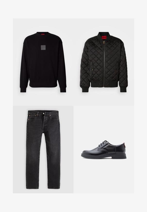 Schwarze gesteppte Bomberjacke mit geripptem Kragen, Bündchen und Saum, Frontreißverschluss und zwei Druckknopfklapptaschen.; Schwarze Sweatshirt mit langen Ärmeln, rundem Ausschnitt, grauem quadratischen Logo auf der Vorderseite, weicher Textur und gerippten Bündchen und Saum.; Schwarze Denim-Jeans mit geradem Schnitt, ausgestattet mit zwei Fronttaschen, einer Münztasche und Metallnieten. Klassisches Fünf-Taschen-Design.; Schwarze Leder-Schnürschuhe mit glatter Textur, rundem Zehenbereich und dezenten Ziernähten. Mit einem roten Laschenband an der Ferse.