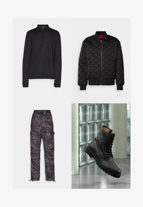 Zwarte gewatteerde bomberjack met geribde kraag, manchetten en zoom, voorrits en twee flapzakken met drukknoop.; Zwarte poloshirt met lange mouwen, gemaakt van gladde stof, met een klassieke kraag, een drievoudige knoopsluiting en geribbelde manchetten en zoom.; HUGO GARLO - Cargobroek - dark grey; Zwarte leren vetercombatlaars met dikke zool, gouden "HUGO"-logo aan de zijkant, getoond in een moderne binnenomgeving met glazen blok muur op de achtergrond.