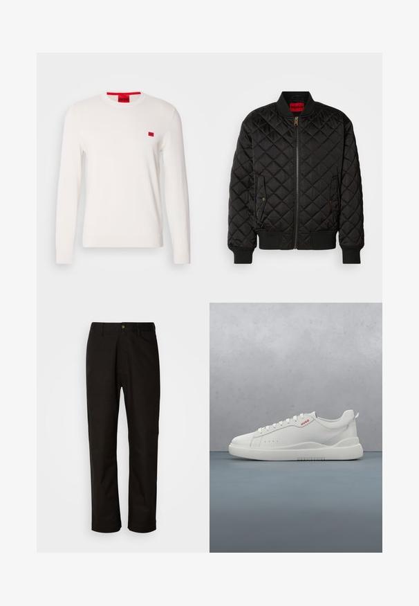 Chaqueta bomber negra acolchada con cuello, puños y dobladillo acanalados, cremallera frontal y dos bolsillos con solapa y botón a presión.; Suéter de cuello redondo blanco con mangas largas, hecho de un tejido suave. Presenta un pequeño parche de logo rojo en el pecho y una etiqueta contrastante roja en el cuello.; Pantalones de algodón negros con corte recto, presillas para el cinturón, cremallera frontal y un solo botón de cierre. Textura suave sin patrones visibles.; Zapatilla blanca con un acabado de cuero liso, punta redonda, cuatro ojales, perforaciones sutiles y un detalle de logo rojo en el lateral.