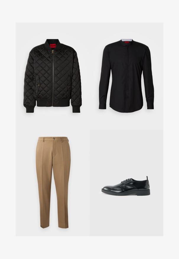 Schwarze gesteppte Bomberjacke mit geripptem Kragen, Bündchen und Saum, Frontreißverschluss und zwei Druckknopfklapptaschen.; Schwarzes Langarmhemd mit Stehkragen, aus glattem Stoff gefertigt, mit durchgehender Knopfleiste und subtilen Designdetails.; Braune maßgeschneiderte Hosen mit geradem Schnitt, seitlichen Falten, Gürtelschlaufen und einem vorderen Knopfverschluss. Glattes Gewebe mit matter Textur.; Glänzender schwarzer Lederschuh mit niedrigem Absatz, Schnürverschluss und runder Kappe, seitlich auf hellem, schlichten Hintergrund gezeigt.