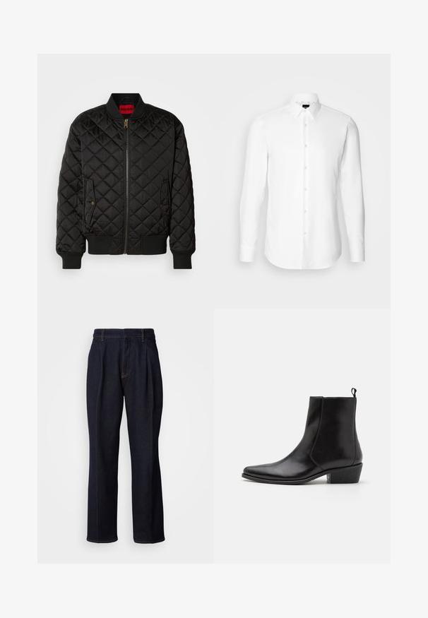 Veste bomber noire matelassée avec col, poignets et base côtelés, fermeture éclair à l'avant et deux poches à rabat avec bouton-pression.; Chemise blanche à manches longues, boutonnée sur le devant, col classique, fabriquée en tissu lisse avec une texture subtile, conçue pour une coupe ajustée.; Jean en denim large à jambes bleues foncées avec des plis devant et des coutures orange, présenté sur fond blanc.; Zign by Zalando LEATHER - Bottines de cowboy / motard - black