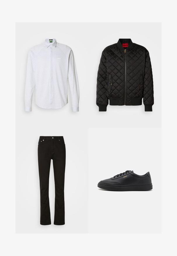 Chaqueta bomber negra acolchada con cuello, puños y dobladillo acanalados, cremallera frontal y dos bolsillos con solapa y botón a presión.; Camisa de manga larga abotonada en blanco con un patrón de cuadros en azul. Presenta un cuello clásico y un bolsillo en el frente. Tejido suave con un ajuste estructurado.; Jeans de denim negro con diseño de pierna recta, que cuentan con bolsillos frontales, una cremallera y acentos de hardware plateado. Textura suave, sin patrones.; Zapatillas de cuero negro con una textura suave, punta redondeada, suela plana de goma y cordones a tono. Presentan el logotipo dorado "BOSS" en el lateral.