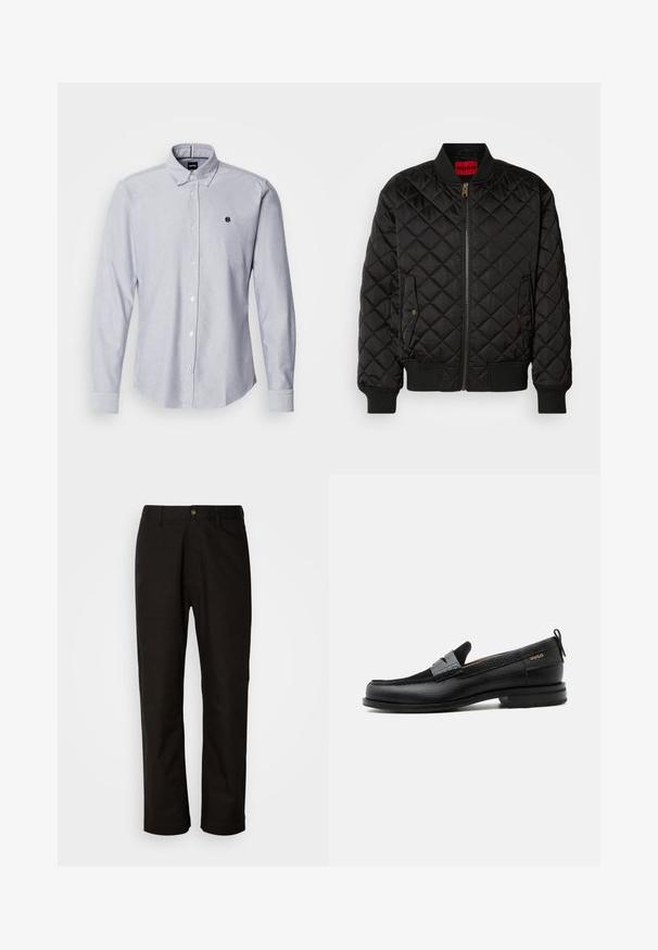 Veste bomber noire matelassée avec col, poignets et base côtelés, fermeture éclair à l'avant et deux poches à rabat avec bouton-pression.; Chemise boutonnée bleu clair à manches longues, fabriquée à partir d'un tissu texturé. Présente un petit logo sur la poitrine gauche et des poignets standards.; Pantalon en coton noir avec une coupe droite, des passants de ceinture, une fermeture éclair à l'avant et un seul bouton. Texture lisse sans motifs visibles.; Mocassin en cuir noir avec détail de bride grise, talon bas et semelle texturée, marqué "HUGO" en or sur le côté.
