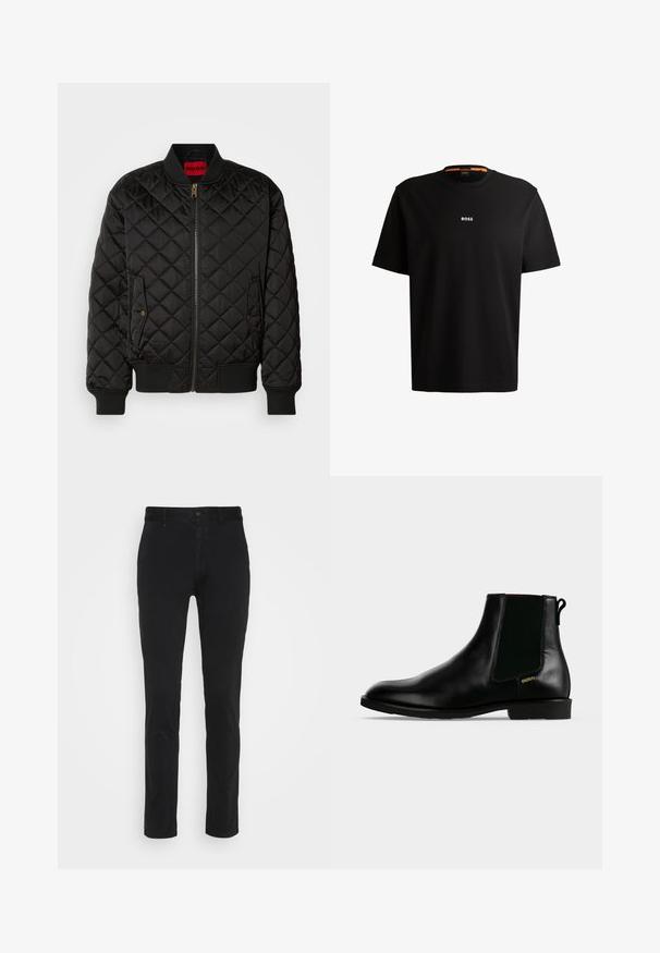 Schwarze gesteppte Bomberjacke mit geripptem Kragen, Bündchen und Saum, Frontreißverschluss und zwei Druckknopfklapptaschen.; Schwarzes Baumwoll-T-Shirt mit rundem Ausschnitt, kurzen Ärmeln und weißem „BOSS“-Logo, das in der Mitte der Brust platziert ist. Sanfte Textur, lässige Passform.; Schwarze Baumwoll-Chinos mit schmaler Passform, ausgestattet mit einem normalen Bund, seitlichen Taschen und einer Gesäßtasche. Glatte Textur und minimalistische Gestaltung.; Schwarzer Lederknöchel-Stiefel mit elastischem Seiteneinsatz, niedrigem Absatz, Zuglasche hinten und kleinem goldenem "HUGO" Logo an der Außenseite.