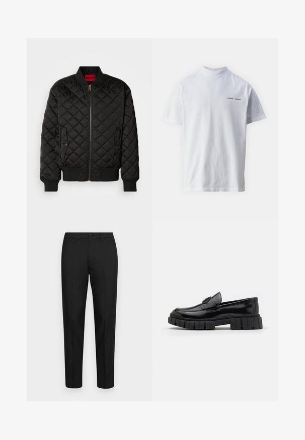 Chaqueta bomber negra acolchada con cuello, puños y dobladillo acanalados, cremallera frontal y dos bolsillos con solapa y botón a presión.; Camisa de algodón blanca con un cuello alto y mangas cortas. Presenta el logo "SAMSØE SAMSØE" en negro en la parte delantera. Textura suave.; Pantalones negros de tejido suave con un corte ajustado, que cuentan con un cierre de botón, cinturilla con pasadores y piernas rectas.; Mocasines de cuero negro con suelas de goma gruesas y estriadas. Presentan una puntera redondeada y una correa decorativa con un acento de logo. Textura lisa.