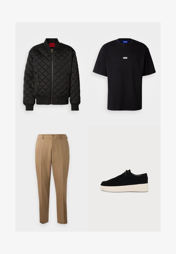 Chaqueta bomber negra acolchada con cuello, puños y dobladillo acanalados, cremallera frontal y dos bolsillos con solapa y botón a presión.; Camiseta de algodón negra con cuello redondo, mangas cortas y un logo rectangular blanco "HUGO" en el pecho. Textura suave, corte relajado.; Pantalones marrones a medida con corte recto, pinzas simples, trabillas para cinturón y cierre frontal con botón. Tela suave con una textura mate.; Zapato casual de ante negro con cordones y suela gruesa de goma blanca, vista lateral sobre fondo gris claro liso.