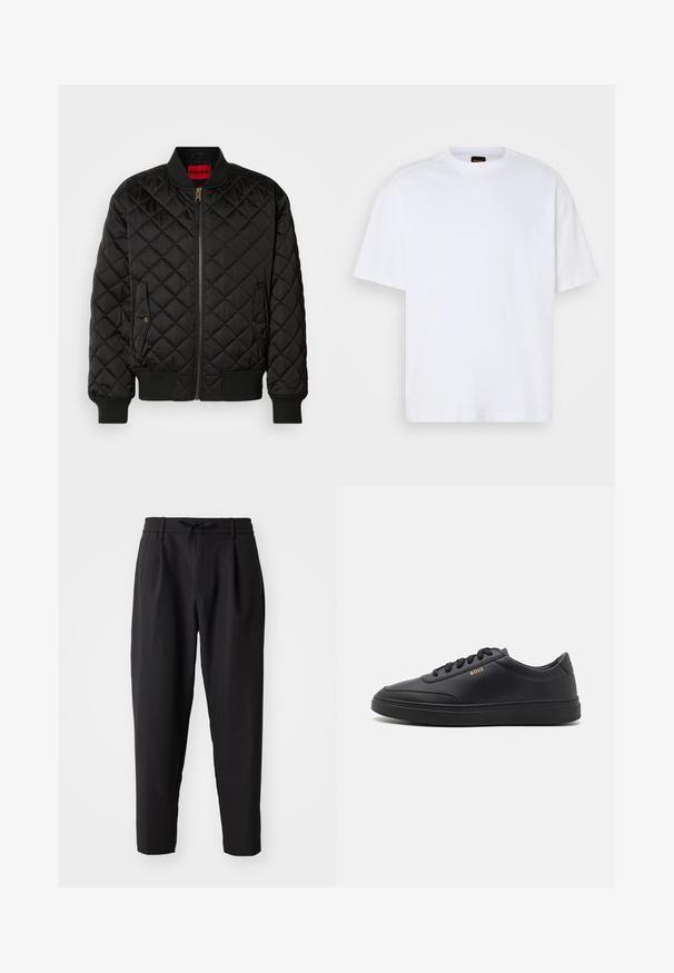 Veste bomber noire matelassée avec col, poignets et base côtelés, fermeture éclair à l'avant et deux poches à rabat avec bouton-pression.; T-shirt en coton blanc avec un col rond, des manches courtes et une coupe décontractée. Les coutures épaules texturées ajoutent un détail supplémentaire.; Pantalons noirs fuselés avec une taille élastique et un cordon de serrage. Tissu lisse avec une texture légère, présentant des plis et des poches latérales.; Baskets en cuir noir avec une texture lisse, bout rond, semelle en caoutchouc plate et lacets ton sur ton. Présente une marque "BOSS" dorée sur le côté.