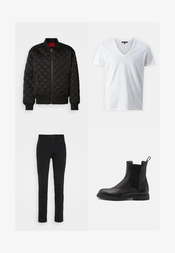 Chaqueta bomber negra acolchada con cuello, puños y dobladillo acanalados, cremallera frontal y dos bolsillos con solapa y botón a presión.; Camiseta de algodón blanca con un diseño de cuello en V, mangas cortas y una textura suave. Estilo simple y sin adornos.; Chinos de algodón negros con un corte ajustado, que cuentan con una cintura estándar, bolsillos frontales y un solo bolsillo trasero. Textura suave y detalles mínimos.; Emporio Armani Botines - nero