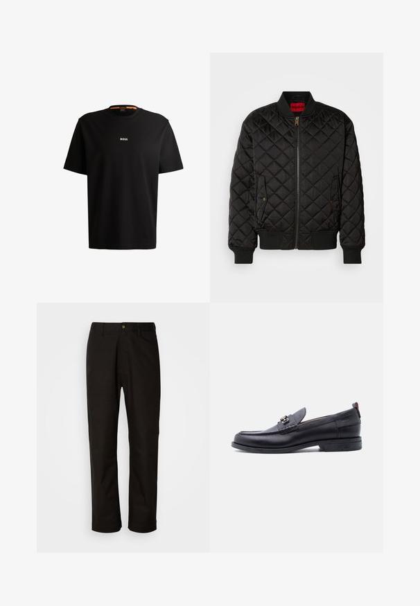 Sort quiltet bomberjakke med ribbet krave, manchetter og kant, lynlås foran og to klaplommer med trykknapper.; Sort bomulds t-shirt med rund halsudskæring, korte ærmer og hvid "BOSS" logo centreret på brystet. Glat tekstur, afslappet pasform.; Sorte bomuldsbukser med lige pasform, bæltestropper, lynlås foran og en enkelt knappelukning. Glat tekstur uden synlige mønstre.; Sort lædermokasin med grå tekstureret forfod, sølvfarvet metalspænde, lav hæl og trækflap bagpå.