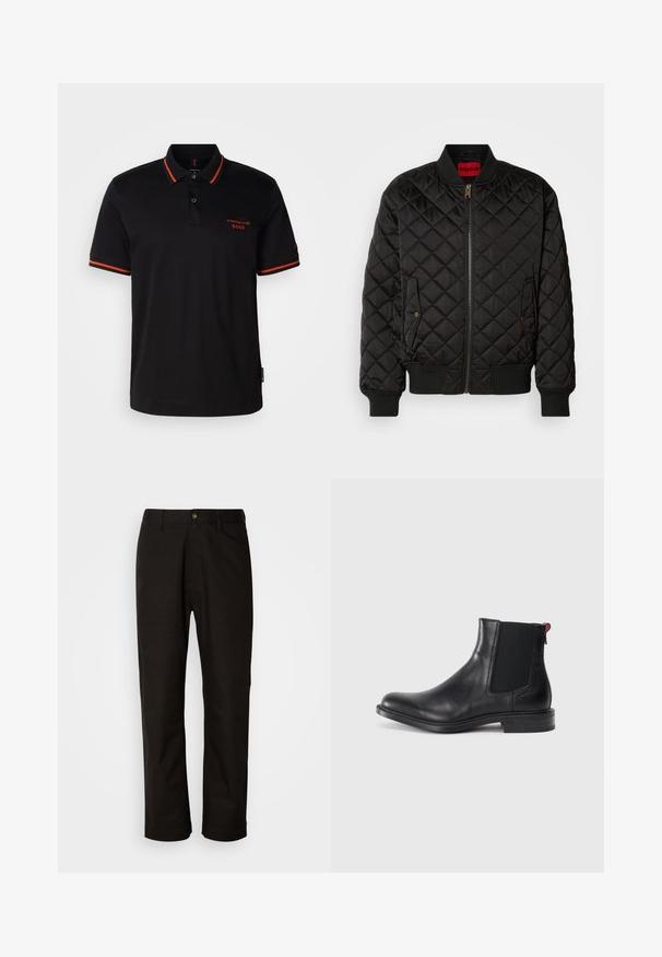 Sort quiltet bomberjakke med ribbet krave, manchetter og kant, lynlås foran og to klaplommer med trykknapper.; Sort polo-shirt med røde detaljer på kraven og ærmerne. Har en knaplukning ved halsen og broderet Porsche BOSS-logo i rødt.; Sorte bomuldsbukser med lige pasform, bæltestropper, lynlås foran og en enkelt knappelukning. Glat tekstur uden synlige mønstre.; Sort læder Chelsea-støvle med elastiske sidepaneler, afrundet tå og lav, stablet hæl. Har en rød løftestrop og subtil branding på siden.