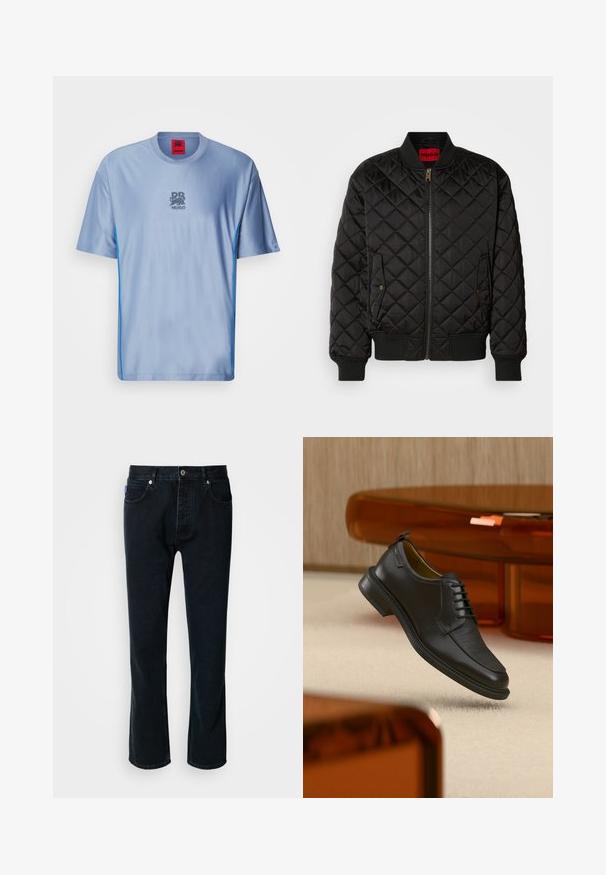 Schwarze gesteppte Bomberjacke mit geripptem Kragen, Bündchen und Saum, Frontreißverschluss und zwei Druckknopfklapptaschen.; Helles blaues Sport-T-Shirt mit strukturiertem Muster, Rundhalsausschnitt, kontrastierenden blauen Seiteneinsätzen und grauem Logo auf der Brust.; HUGO JONAH - Jeans Straight Leg - dark blue; Schwarzer Leder-Schnürschuh mit texturierter Vorderseite, schwebend über beigem Teppich in einem modernen Raum mit bernsteinfarbenen Möbeln.