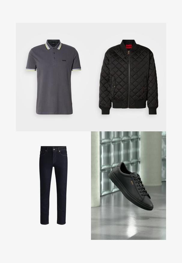 Schwarze gesteppte Bomberjacke mit geripptem Kragen, Bündchen und Saum, Frontreißverschluss und zwei Druckknopfklapptaschen.; Grau-Poloshirt aus Baumwolle mit einer Knopfleiste mit drei Knöpfen, ausgestattet mit kontrastierenden gelben und weißen Streifenakzenten am Kragen und den Ärmeln.; Dunkelblaue Denim-Jeans mit Slim Fit, ausgestattet mit kontrastierendem orangefarbenem Nähen, fünf Taschen und einem Knopfverschluss an der Taille.; Schwarzer flacher Ledersneaker mit schwarzen Schnürsenkeln und goldenem BOSS-Logo an der Seite, schwebend über einem glänzenden grauen Boden in einem modernen Innenraum.