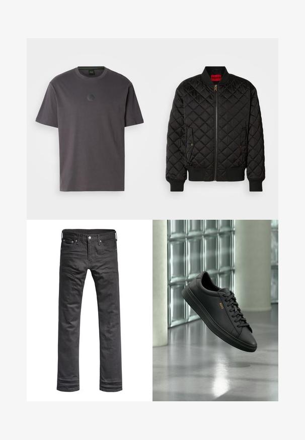 Chaqueta bomber negra acolchada con cuello, puños y dobladillo acanalados, cremallera frontal y dos bolsillos con solapa y botón a presión.; Camiseta de algodón gris con mangas cortas y escote redondo. Presenta un logo hexagonal texturizado en el pecho. Diseño simple y casual.; Vaqueros de mezclilla negros con un diseño clásico de pierna recta. Presentan bolsillos frontales, una bragueta con botones y detalles de costura sutiles.; Zapatilla baja de piel negra con cordones negros y logo dorado BOSS en el lateral, flotando sobre un suelo gris brillante en un espacio interior moderno.