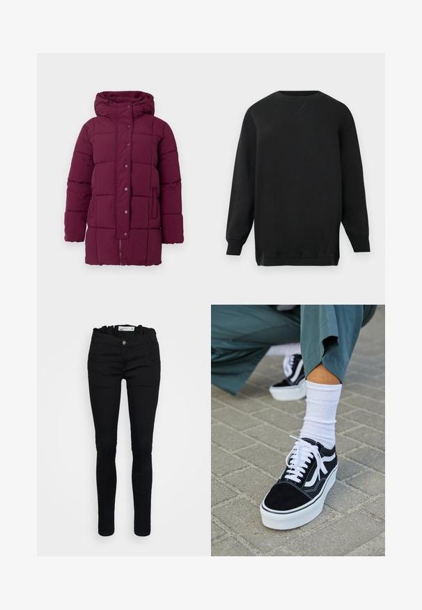 Pikk lilla vooderdatud talvejope kapuutsiga, eesmise tõmblukuga, mis on kaetud näpitsaknaga, ja küljetaskutega.; Must alusega crewneck sviiter, millel on pikad varrukad, soonikkoes mansetid ja ääred ning kaeluse lähedal väike tikitud "X" detail.; Musta teksapüksid, mis on figuuri kohandava disainiga, kokkuvolditud vöökoht, viis taskut ja nupuga sulgemine. Sile denimpind, kitsas jalgade kuju.; Mustjad sametist tennisjalanõud valgete aktsentide ja nööridega, millel on paks valge tald ja kontrastsed õmblused, koos valge sokiga.