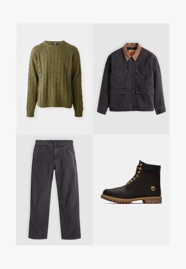 Veste de travail gris foncé avec quatre poches à rabat à l'avant et un col marron contrasté sur fond gris clair.; Pull en tricot torsadé vert avec un col rond, un motif texturé, des poignets et un ourlet côtelés, présentant des éclats de couleur dans tout le tissu.; Pantalons à rayures noires en tissu mélangé coton. Présentent un design à jambe droite, des poches latérales et une fermeture à bouton.; Bottine noire en cuir avec œillets dorés, accents marron et semelle en caoutchouc. Comprend un col rembourré et un logo estampé sur le côté.