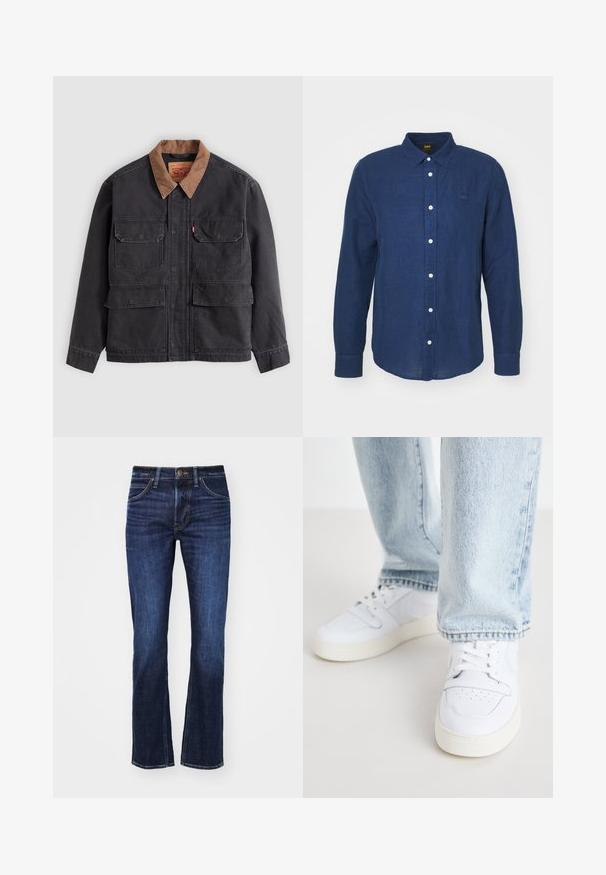 Veste de travail gris foncé avec quatre poches à rabat à l'avant et un col marron contrasté sur fond gris clair.; Chemise à manches longues bleu foncé avec un col boutonné, boutons blancs et un logo brodé discret sur la poitrine. Texture douce, coupe droite.; Jean en denim bleu foncé avec une coupe droite, comportant cinq poches, une fermeture à bouton et un léger délavage à l'avant.; Baskets basses en cuir blanc avec un bout perforé, des lacets plats et un design minimaliste. Associées à un jean en denim bleu clair.