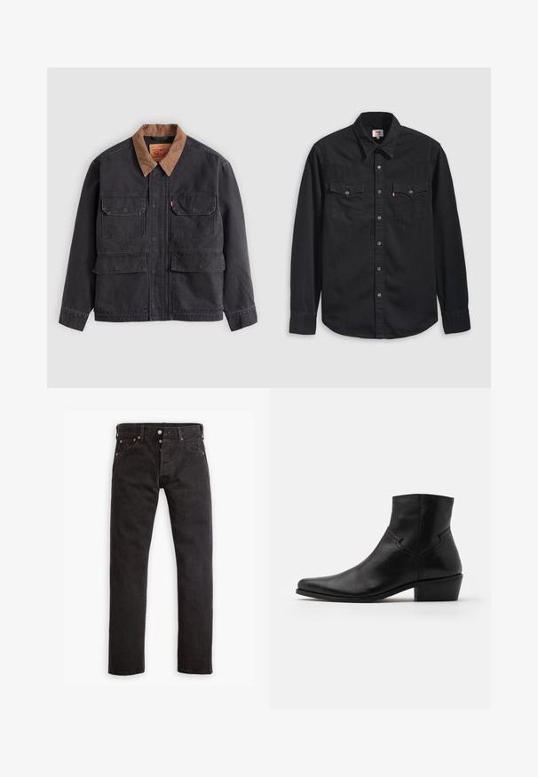 Dunkelgraue Arbeitsjacke mit vier vorderen Klappentaschen und einem kontrastierenden braunen Kragen vor hellem grauem Hintergrund.; Schwarzes Jeanshemd mit durchgehender Knopfleiste, zwei Brusttaschen und spitzem Kragen mit sichtbaren Nahtdetails.; Schwarze Slim-Fit-Jeans mit Knopfverschluss, fünf Taschen und kupferfarbenen Nieten flach auf einem weißen Hintergrund ausgelegt.; Schwarze Leder-Ankle-Boots mit spitzer Zehenpartie, minimalen Nähdetails, einem mittelhohen Blockabsatz und einer glatten, polierten Oberfläche.