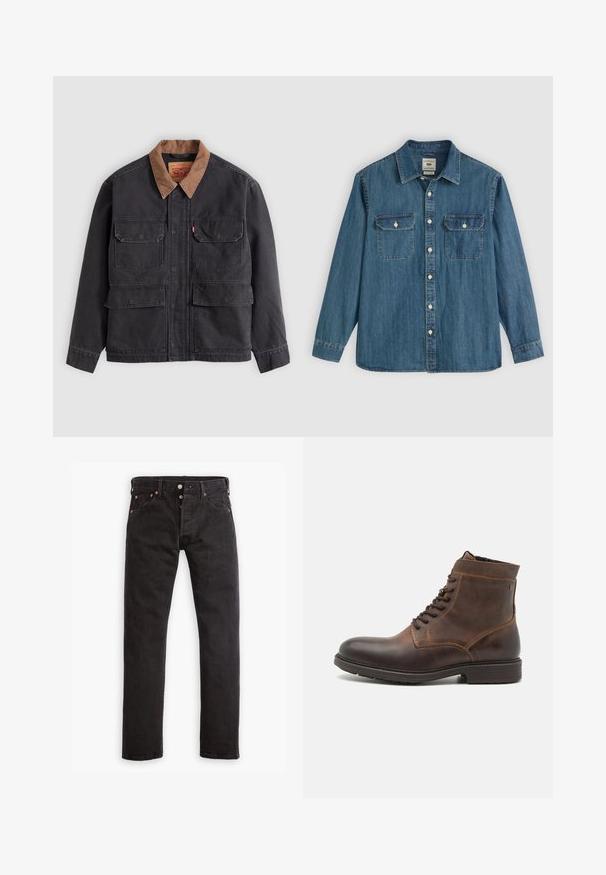 Veste de travail gris foncé avec quatre poches à rabat à l'avant et un col marron contrasté sur fond gris clair.; Chemise en denim bleu à manches longues, boutonnée à l'avant, avec deux poches poitrine et un col. Présente des accents de couture et une coupe décontractée.; Jean slim noir avec patte de boutonnage, cinq poches et rivets en cuivre, à plat sur fond blanc.; Jack & Jones JFWDELANEY BOOT - Bottines à lacets - cognac