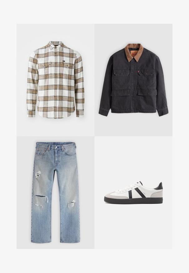 Mørkegrå arbejdsjakke med fire forlommer med klapper og en kontrasterende brun krave mod en lysegrå baggrund.; Lee CLEAN WESTERN - Skjorter - ecru ochre plaid; Lyseblå denimjeans med lige pasform og slidte detaljer på begge ben, vist på en ensfarvet lys baggrund.; Hvide sneakers med sorte og grå detaljer, med en tekstureret grå tåhætte, sort gummisål og flade hvide snørebånd. Rent design, minimalistisk stil.