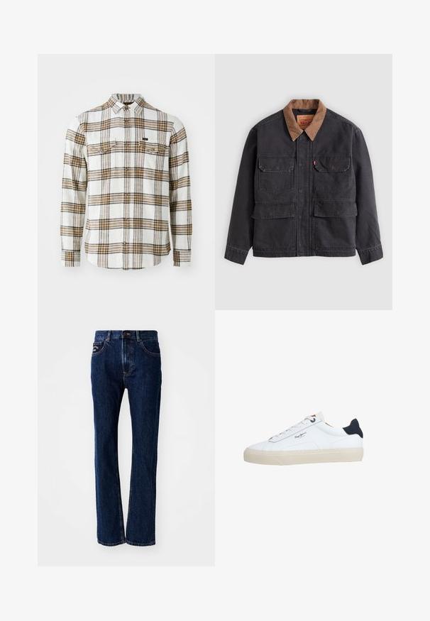 Mørkegrå arbejdsjakke med fire forlommer med klapper og en kontrasterende brun krave mod en lysegrå baggrund.; Lee CLEAN WESTERN - Skjorter - ecru ochre plaid; Mørkeblå denimjeans med lige ben-design, der har to forlommer og en knaplukning. Diskrete syninger.; Hvid lavtop-sneaker med beige sål, hvide snørebånd, sort hælkappe og "Pepe Jeans London"-logo på siden.