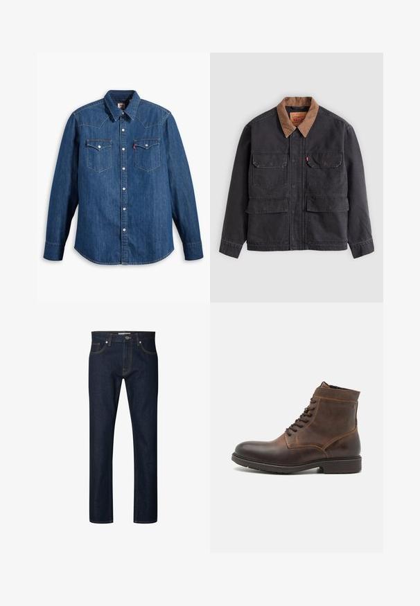 Dunkelgraue Arbeitsjacke mit vier vorderen Klappentaschen und einem kontrastierenden braunen Kragen vor hellem grauem Hintergrund.; Dunkelblaue Jeanshemd mit langen Ärmeln, spitzem Kragen und Druckknöpfen. Verfügt über zwei Brusttaschen mit Klappen und kontrastierenden Nähten.; Dunkelblaue Straight-Leg-Jeans mit sichtbaren orangen Nähten, Frontknopf, Reißverschluss und Fünf-Taschen-Design.; Jack & Jones JFWDELANEY BOOT - Schnürstiefelette - cognac