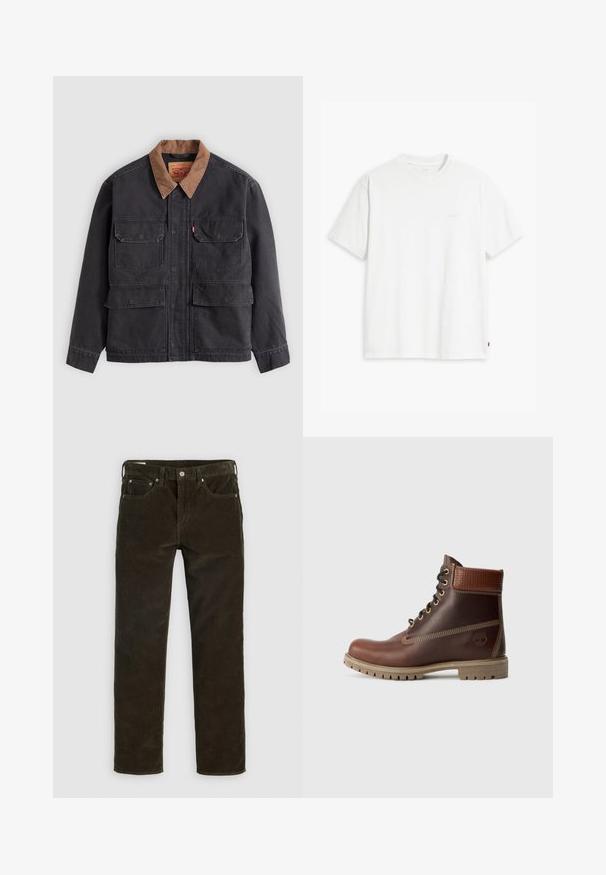 Donkergrijs werkjack met vier voorflapzakken en een contrasterende bruine kraag tegen een lichtgrijze achtergrond.; Wit katoenen T-shirt met korte mouwen, ronde hals en een subtiel "Levi's" logo in een lichte kleur op de voorkant gedrukt.; Bruine corduroy broek met een recht gesneden pasvorm, vijf zakken, zichtbare stiksels en een gestructureerde stofafwerking. Metalen knoopsluiting aan de taille.; Bruine leren veterschoen tot de enkel met gevoerde kraag, contrasterende stiksels en een robuuste zool, getoond vanaf de buitenkant op een witte achtergrond.