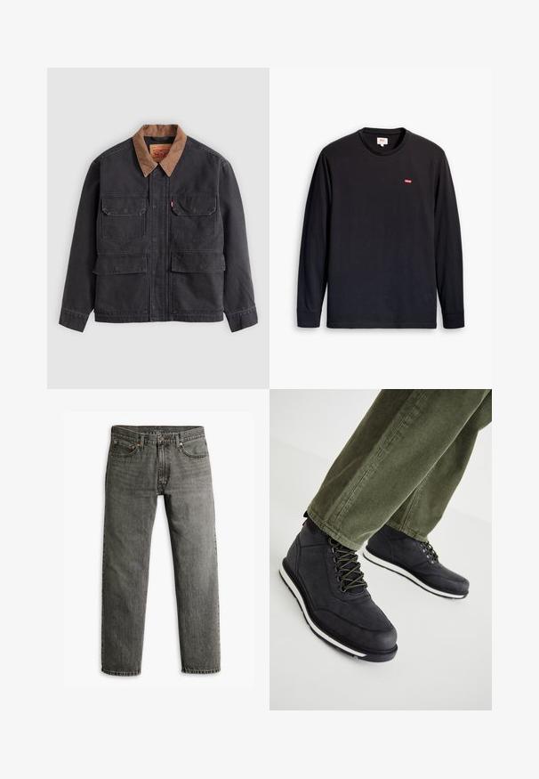 Veste de travail gris foncé avec quatre poches à rabat à l'avant et un col marron contrasté sur fond gris clair.; T-shirt noir à manches longues en coton. Présente un col rond et un petit logo rouge sur la poitrine. Texture lisse, coupe standard.; Jean en denim gris avec une coupe droite, style classique à cinq poches et des détails de couture subtils sur les coutures et les poches.; Bottes noires à lacets en matériau texturé, présentant des lacets verts et une semelle en caoutchouc blanche. Portées avec un pantalon en velours côtelé vert olive.