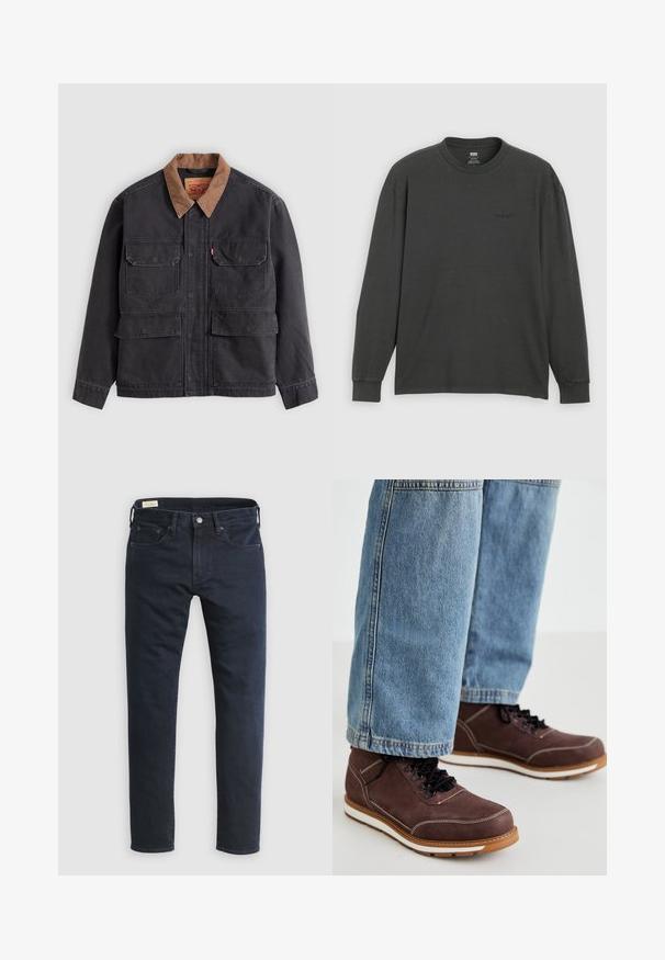 Dunkelgraue Arbeitsjacke mit vier vorderen Klappentaschen und einem kontrastierenden braunen Kragen vor hellem grauem Hintergrund.; Langärmliges T-Shirt aus dunkelgrauer Baumwolle, mit Rundhalsausschnitt und weicher Textur, mit einem dezenten Logo auf der Vorderseite.; Dunkelblaue Jeans aus Denim mit geradem Bein, Fünf-Taschen-Design, vorderer Knopfleiste und minimalen Nähten.; Braune Lederschuhe mit schwarzen Schnürsenkeln, weißer Naht und gummierter Sohle. Kombiniert mit hellblauen Denim-Jeans in leicht lockerer Passform.