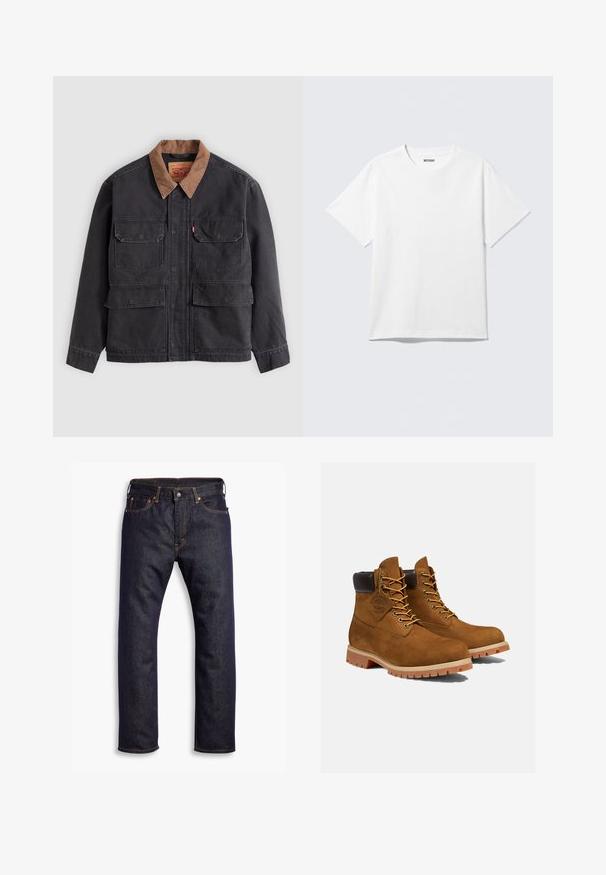 Donkergrijs werkjack met vier voorflapzakken en een contrasterende bruine kraag tegen een lichtgrijze achtergrond.; Witte T-shirt met korte mouwen en ronde hals, plat gelegd, effen ontwerp, met een "WEEKDAY" label in de kraag op een lichte achtergrond.; Donkerblauwe recht gesneden denim jeans met vijf zakken en oranje contrasterende stiknaden, plat gelegd op een witte achtergrond.; Bruine suède enkellaarsjes met een gevoerde zwarte kraag, gouden oogjes en een dikke rubberen zool met een profielpatroon voor grip.