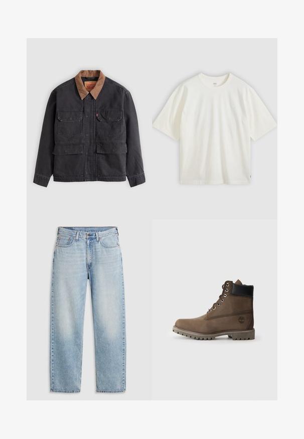 Chaqueta de trabajo gris oscuro con cuatro bolsillos delanteros con solapa y un cuello marrón a contraste sobre un fondo gris claro.; Camiseta blanca de manga corta hecha de algodón. Cuello redondo, ajuste relajado, marca sutil en el pecho y una etiqueta roja en el dobladillo.; Jeans rectos de color azul claro con cinco bolsillos, cierre de botón de metal y detalles deslavados en los muslos y las rodillas, dispuestos sobre un fondo blanco.; Botín de cuero marrón hasta el tobillo con collar negro, ojales metálicos y suela gris resistente. Presenta un logo en el lateral y detalles de costura.