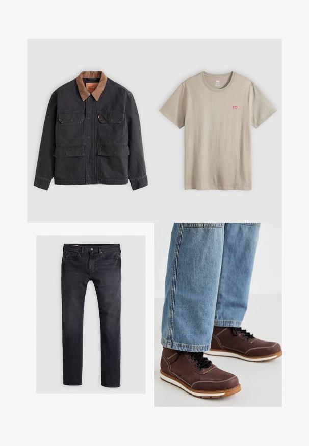 Mørkegrå arbejdsjakke med fire forlommer med klapper og en kontrasterende brun krave mod en lysegrå baggrund.; Beige bomulds-t-shirt med korte ærmer, rund hals og lille rødt Levi's logo på venstre bryst. Glat tekstur, afslappet design.; Mørkeblå denimjeans med lige ben, der har en frontlukning med knap, fem-lomme design og subtile slidte områder.; Brune lædersko med sorte snørebånd, hvid syning og gummisål. Bæres sammen med lyseblå denim jeans i en let løs pasform.