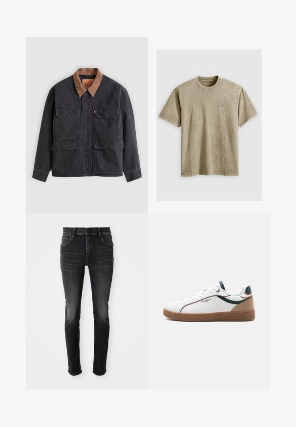 Veste de travail gris foncé avec quatre poches à rabat à l'avant et un col marron contrasté sur fond gris clair.; T-shirt marron clair à manches courtes avec un col rond, fabriqué en tissu doux. Présente un petit logo brodé sur la poitrine.; Jean skinny taille haute gris foncé avec un aspect délavé. Comprend cinq poches, des passants de ceinture et une fermeture classique à bouton.; Baskets basses blanches avec semelle marron, accents verts et beige, lacets blancs, et logo "Pepe Jeans London" sur le côté.