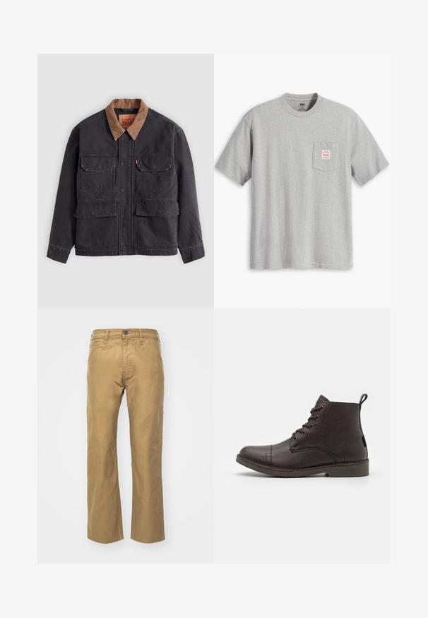 Veste de travail gris foncé avec quatre poches à rabat à l'avant et un col marron contrasté sur fond gris clair.; T-shirt gris à manches courtes en coton, doté d'une poche poitrine avec une étiquette rouge. Encolure ronde et coupe décontractée.; Pantalons kaki en coton. Coupe droite avec une ceinture et des poches avant. Comprend une poche arrière unique et des détails de couture subtils.; Bottines en cuir marron avec une texture lisse, bout rond, six œillets métalliques et une tirette à l'arrière. Semelle en caoutchouc plate.