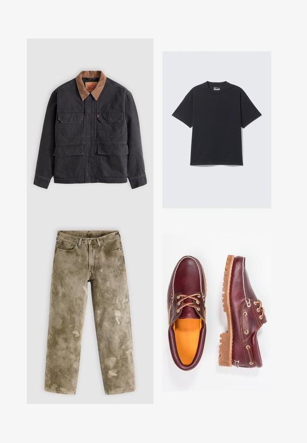 Veste de travail gris foncé avec quatre poches à rabat à l'avant et un col marron contrasté sur fond gris clair.; T-shirt en coton noir avec un col rond classique, des manches courtes et une coupe décontractée. Texture lisse avec un minimum de détails de couture.; Jean large couleur kaki avec une texture usée, présentant des éclaboussures de peinture claires et un design à cinq poches. Confectionné en denim.; Chaussures en cuir bourgogne avec semelles en caoutchouc marron, bout rond, couture blanche et œillets dorés. L'intérieur présente une doublure jaune.