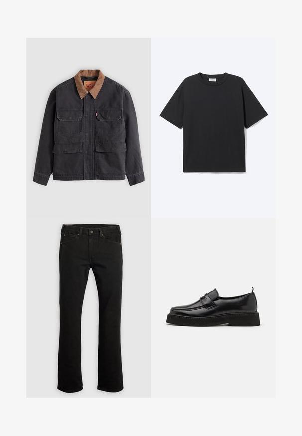 Veste de travail gris foncé avec quatre poches à rabat à l'avant et un col marron contrasté sur fond gris clair.; T-shirt noir à manches courtes avec col rond, coupe décontractée, vue de face, design uni et étiquette de la marque Weekday visible à l’intérieur du col.; Jean en denim noir avec une coupe droite, cinq poches, des accents en cuivre, et des passants pour ceinture. Texture du tissu unie sans motifs.; Chaussures en cuir noir de style mocassin avec une semelle plate et texturée, présentant un bout piqué et une sangle traversant le cou-de-pied.