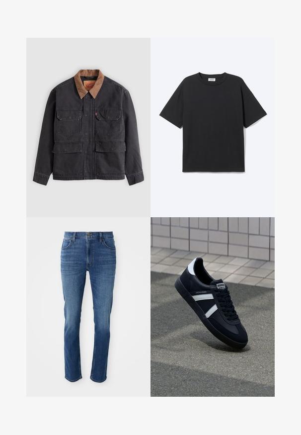 Veste de travail gris foncé avec quatre poches à rabat à l'avant et un col marron contrasté sur fond gris clair.; T-shirt noir à manches courtes avec col rond, coupe décontractée, vue de face, design uni et étiquette de la marque Weekday visible à l’intérieur du col.; Jean en denim bleu avec une coupe droite, cinq poches et une fermeture éclair. Présente une décoloration subtile et des coutures contrastantes le long des coutures.; Sneaker en cuir noir avec des rayures blanches, semelle en caoutchouc texturée et devant à lacets. Présente une étiquette de marque sur la languette.
