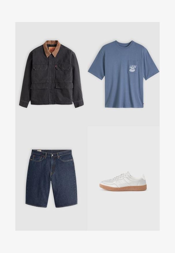 Mørkegrå arbejdsjakke med fire forlommer med klapper og en kontrasterende brun krave mod en lysegrå baggrund.; Blå bomuld t-shirt med korte ærmer og en for lomme. Har et hvidt grafisk design med "LEVI’S" trykt på lommen.; Mørkeblå denim shorts med et klassisk design, der har fem lommer, syninger, en knaplukning og buede baglommer.; Sølv sneakers med en glat overflade, snørebånd, perforerede detaljer og en struktureret brun gummi sål.