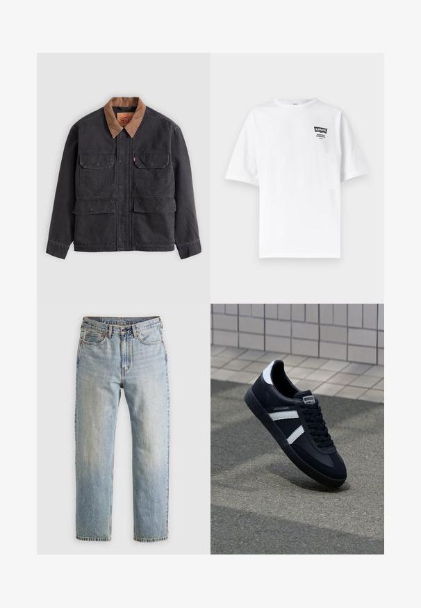 Chaqueta de trabajo gris oscuro con cuatro bolsillos delanteros con solapa y un cuello marrón a contraste sobre un fondo gris claro.; Camiseta blanca de manga corta de Levi's con pequeño logo negro y texto "Levi's Freshness Guaranteed" en la parte superior izquierda del pecho.; Jeans de mezclilla azul claro de cintura alta, con botón frontal, cremallera y diseño de cinco bolsillos, dispuestos sobre un fondo neutro.; Zapatilla de cuero negra con rayas blancas, suela de goma texturizada y parte frontal con cordones. Cuenta con una etiqueta de marca en la lengüeta.