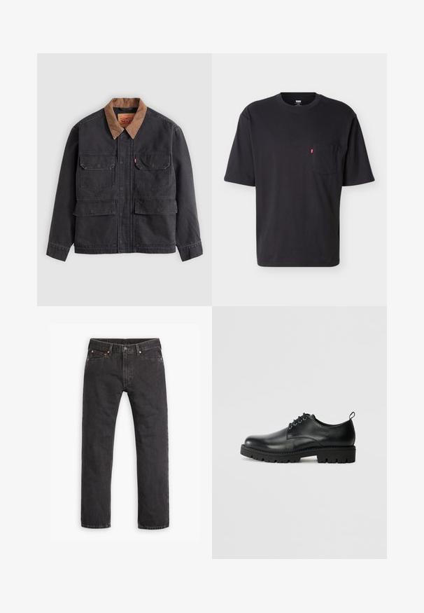 Mørkegrå arbejdsjakke med fire forlommer med klapper og en kontrasterende brun krave mod en lysegrå baggrund.; Sort T-shirt med korte ærmer, rund hals og brystlomme med lille rød Levi's logo på lommen mod ensartet lyst baggrund.; Sorte straight-leg denim jeans med fem lommer, knaplukning og copper nitter liggende fladt på en hvid baggrund.; Sort læder sko med en rund tå, der har snørelukning, solid sort gummisål og en lille hælflap bagpå.