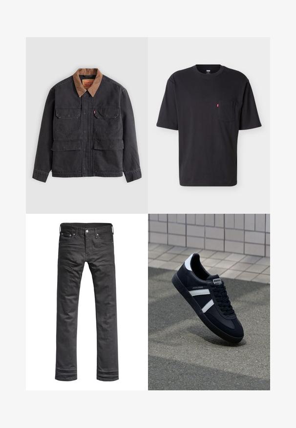 Veste de travail gris foncé avec quatre poches à rabat à l'avant et un col marron contrasté sur fond gris clair.; T-shirt noir à manches courtes et col rond avec poche poitrine et petite étiquette logo rouge Levi's sur la poche, sur fond clair uni.; Jeans en denim noir avec un design classique à jambes droites. Comprend des poches avant, une fermeture à bouton et des détails de couture subtils.; Sneaker en cuir noir avec des rayures blanches, semelle en caoutchouc texturée et devant à lacets. Présente une étiquette de marque sur la languette.