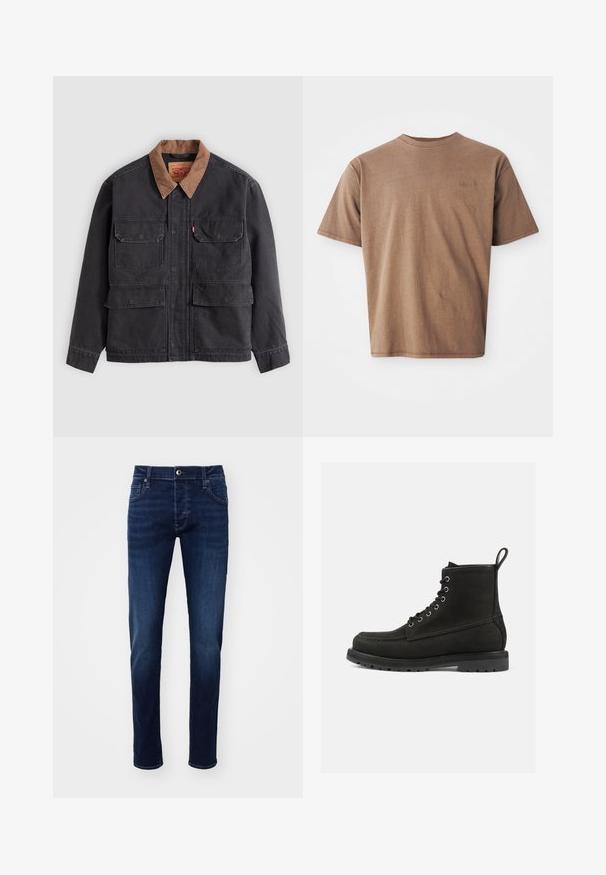 Chaqueta de trabajo gris oscuro con cuatro bolsillos delanteros con solapa y un cuello marrón a contraste sobre un fondo gris claro.; Camiseta de algodón marrón con cuello redondo, mangas cortas y un discreto logo bordado en la parte izquierda del pecho. Textura suave, ajuste relajado.; Jeans de mezclilla ajustados en azul oscuro, con botón frontal, bolsillos, pasadores para cinturón y sutiles detalles de desvanecimiento en las piernas.; Botas de cuero negras hasta el tobillo con punta redonda, diseño de cordones, ojales de metal y suela de goma texturizada. Cuenta con una lengüeta decorativa.