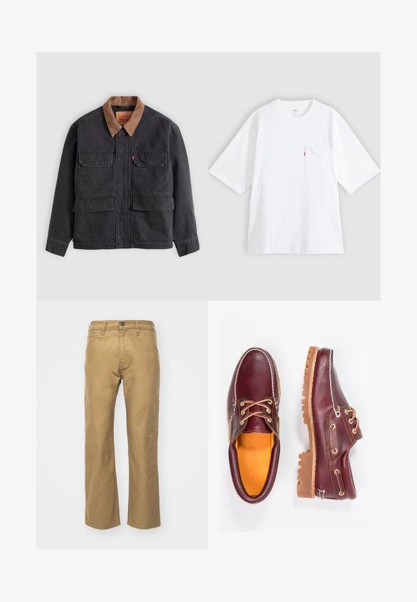 Dunkelgraue Arbeitsjacke mit vier vorderen Klappentaschen und einem kontrastierenden braunen Kragen vor hellem grauem Hintergrund.; Weißes Baumwoll-T-Shirt mit kurzen Ärmeln, rundem Ausschnitt und Brusttasche auf der linken Seite. Mit kleinem rotem Logotag an der Tasche.; Khakihosen aus Baumwolle. Gerader Schnitt mit einem Bund und Fronttaschen. Verfügt über eine einzelne Gesäßtasche und subtile Nähdetails.; Bordeauxfarbene Lederschuhe mit braunen Gummisohlen, runder Zehenform, weißen Nähten und goldenen Ösen. Das Innenfutter weist eine gelbe Beschichtung auf.