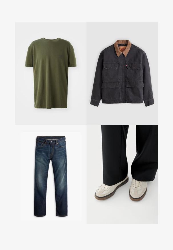 Veste de travail gris foncé avec quatre poches à rabat à l'avant et un col marron contrasté sur fond gris clair.; T-shirt vert olive en coton, à manches courtes, col rond, avec un petit logo imprimé en bleu foncé sur la poitrine gauche.; Jean en denim bleu foncé avec un léger délavage sur les cuisses, design à cinq poches, fermeture par bouton et coutures oranges visibles sur fond blanc.; Pieds portant des baskets beige avec des semelles marron et un pantalon noir à jambes larges sur fond blanc.