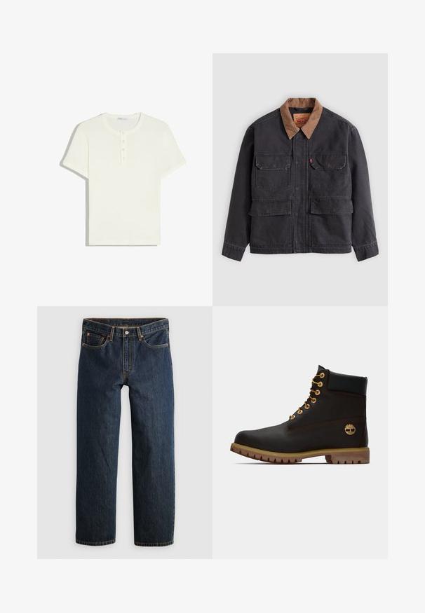 Donkergrijs werkjack met vier voorflapzakken en een contrasterende bruine kraag tegen een lichtgrijze achtergrond.; Witte geribde gebreide top met korte mouwen, ronde halslijn en een vierknopsluiting middenvoor.; Donkerblauwe denim jeans met een rechte pijp. Voorzien van vijf zakken, contrasterende stiksels en een knoopsluiting in de taille.; Zwarte leren enkellaars met gouden oogjes, bruine accenten en een rubberen zool. Heeft een gevoerde kraag en geperst logo aan de zijkant.