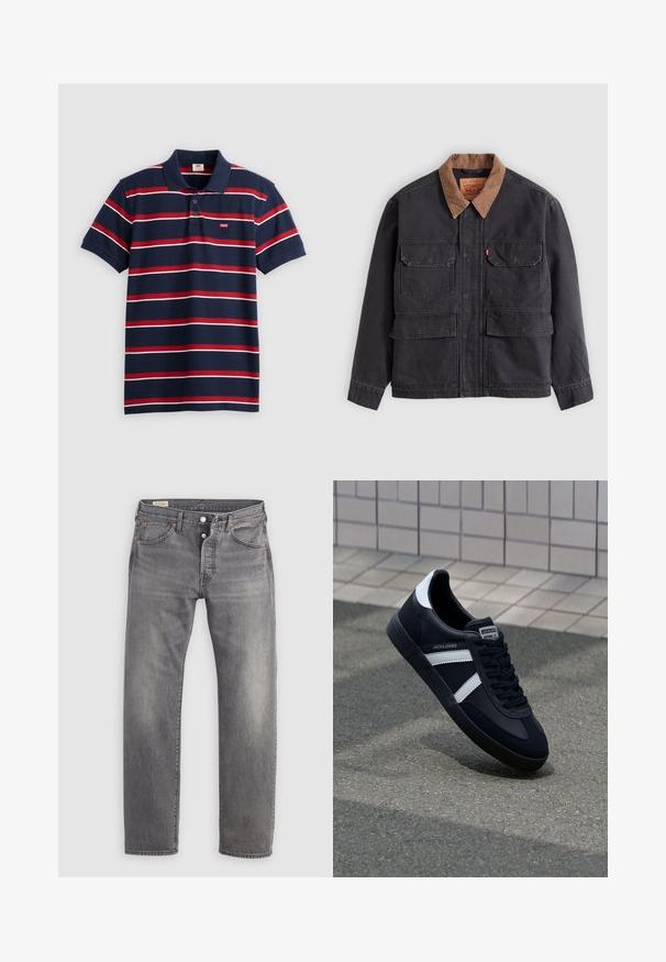 Dunkelgraue Arbeitsjacke mit vier vorderen Klappentaschen und einem kontrastierenden braunen Kragen vor hellem grauem Hintergrund.; Navyblaues Poloshirt mit rot-weißen horizontalen Streifen, drei Knöpfen am Kragen und kleinem Levi's-Logo auf der Brust. Aus weichem Baumwollmaterial.; Graue Jeans mit geradem Bein, Knopfleiste, fünf Taschen und leichtem Verblassen an Oberschenkeln und Knien.; Schwarze Leder-Sneaker mit weißen Streifen, strukturiertem Gummisohle und Schnürung. Verfügt über ein Markenetikett auf der Zunge.