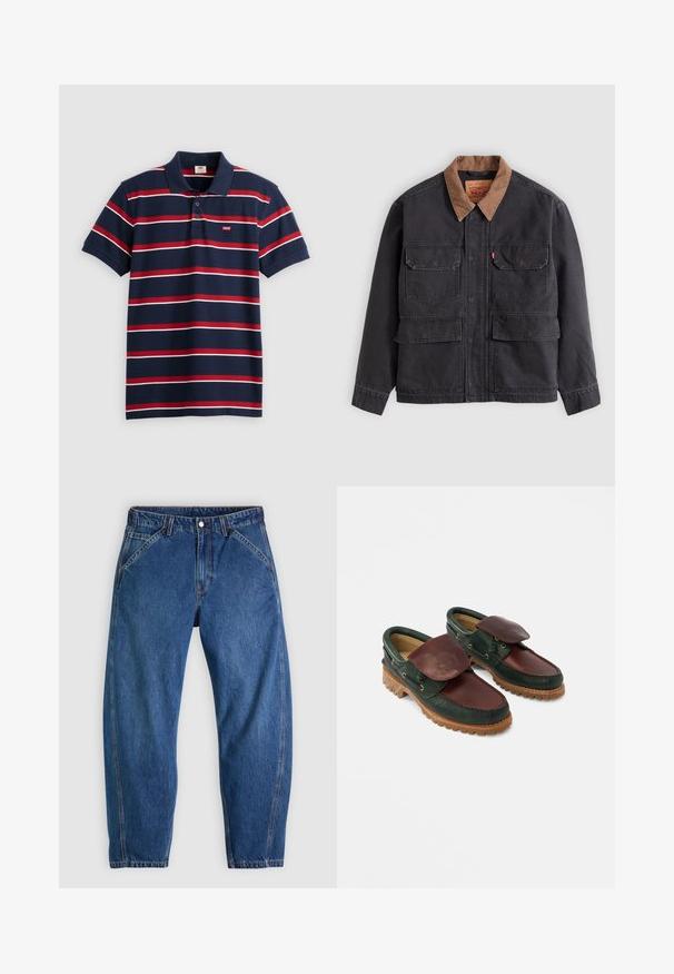 Veste de travail gris foncé avec quatre poches à rabat à l'avant et un col marron contrasté sur fond gris clair.; Polo shirt bleu marine avec des rayures horizontales rouges et blanches, col à trois boutons et petit logo Levi's sur la poitrine. Matière en coton doux.; Jean en denim bleu à coupe décontractée, doté d'une fermeture à boutons, de cinq poches et de surpiqûres orange contrastantes. Texture lisse sur toute la surface.; Chaussures en cuir avec un corps vert foncé, un dessus bordeaux, un bout rond, un rabat sécurisé et une semelle en caoutchouc texturée avec des rainures.