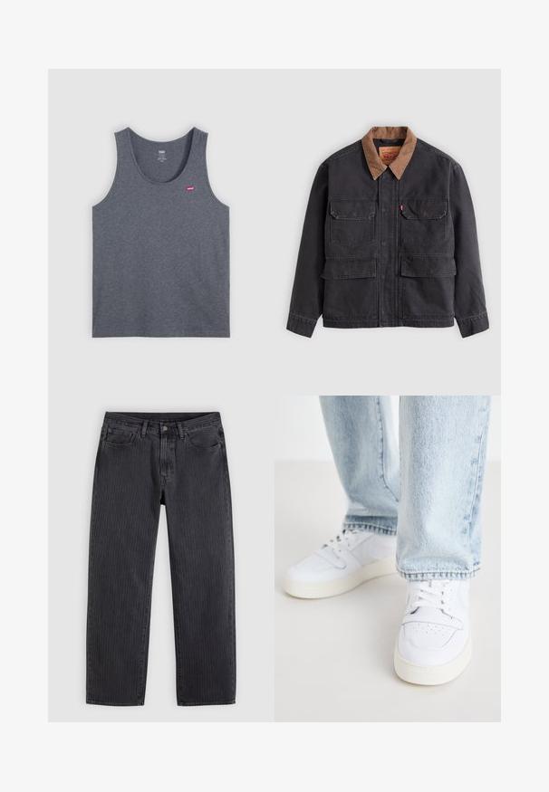 Veste de travail gris foncé avec quatre poches à rabat à l'avant et un col marron contrasté sur fond gris clair.; Débardeur gris en coton avec un col rond, un design sans manches et un petit logo rouge Levi's sur la poitrine gauche. Texture unie.; Jeans noirs à rayures verticales avec une coupe droite, fabriqués en denim, dotés d'une fermeture à boutons à l'avant et de cinq poches.; Baskets basses en cuir blanc avec un bout perforé, des lacets plats et un design minimaliste. Associées à un jean en denim bleu clair.